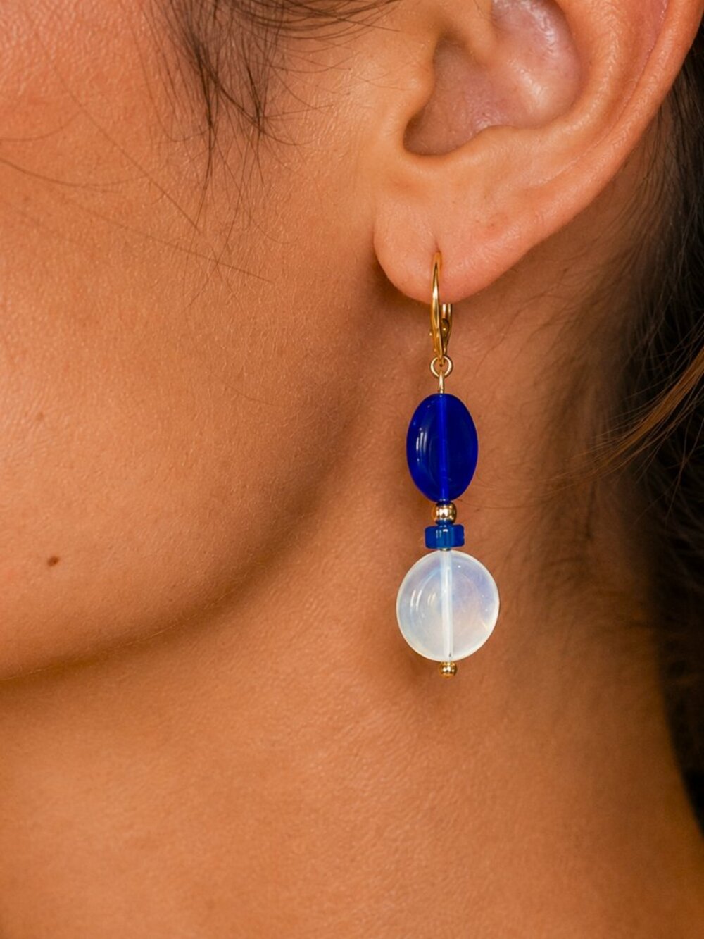 Navy Glass & Opal Glass Drop Earrings, 24k Gold Leverback, Imperial Jasper Stone